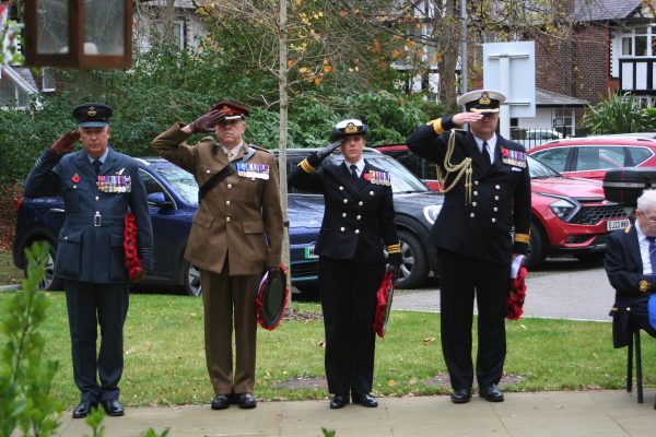 Left to right, Wing Commander Stephen Chaskin, Major David Braddock, Lieutenant Commander Ellen Shepherd and Commodore Phil Waterhouse saluting their former comrades on Remembrance Day